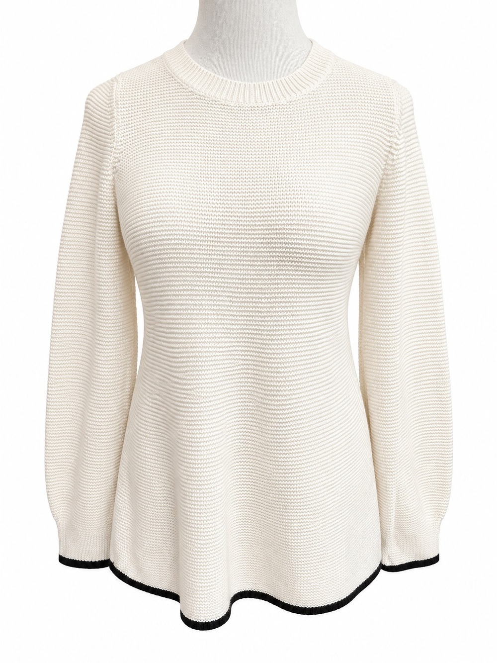 LOFT Cream Crewneck Peplum Sweater with Black Trim XS
